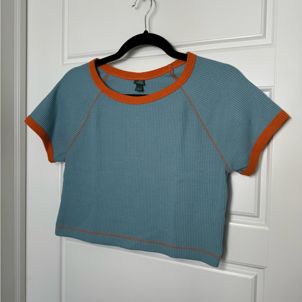 Wild Fable Cropped Waffle Knit Tee, Blue and Orange, Women’s Size Large